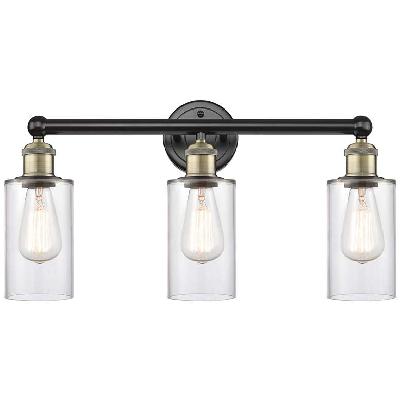Image 1 Clymer 21.88"W 3 Light Black Antique Brass Bath Light With Clear Shade