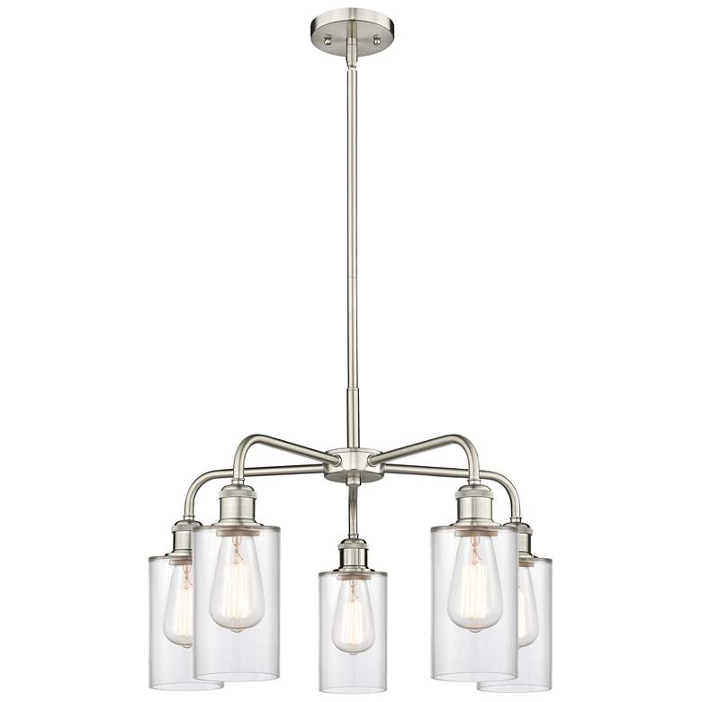 Image 1 Clymer 21.88"W 5 Light Satin Nickel Stem Hung Chandelier With Clear Sh