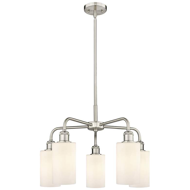 Image 1 Clymer 21.88"W 5 Light Satin Nickel Stem Hung Chandelier With White Sh