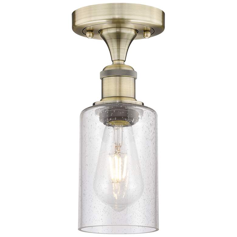 Image 1 Clymer 3.88" Wide Antique Brass Semi.Flush Mount With Seedy Glass Shad
