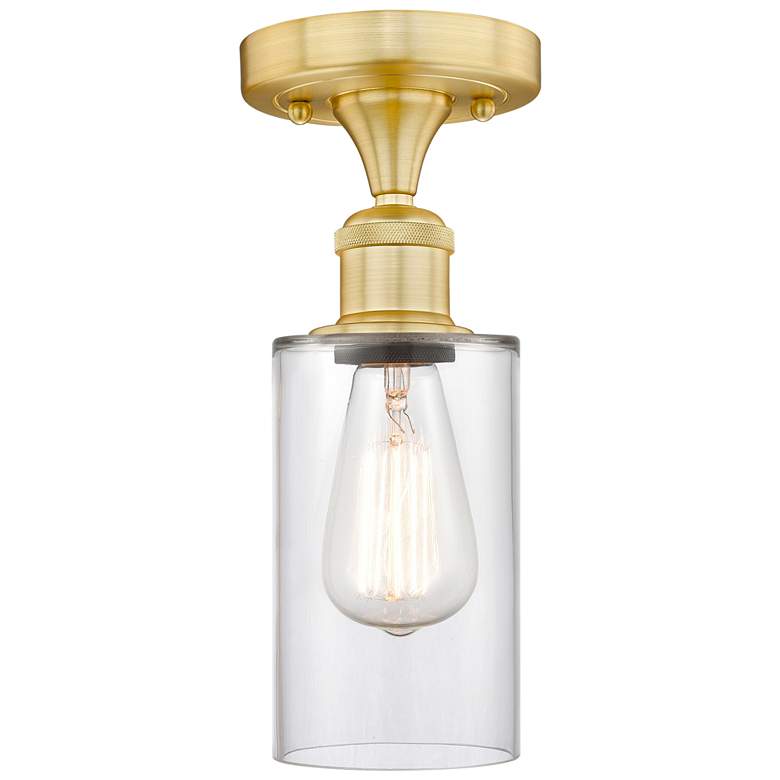 Image 1 Clymer 3.88" Wide Satin Gold Semi.Flush Mount With Clear Glass Shade