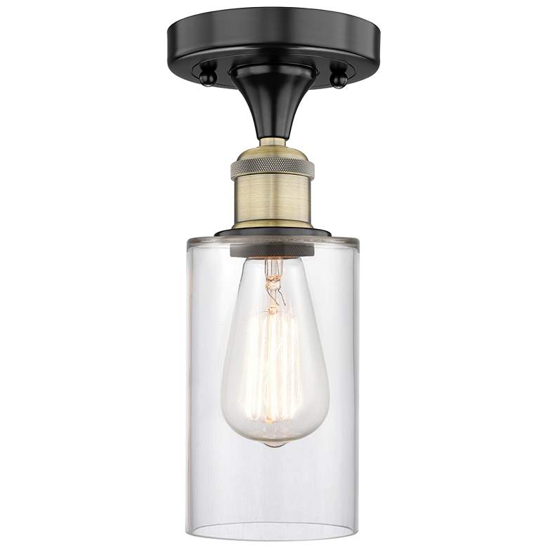 Image 1 Clymer 3.88"W Black Antique Brass Semi.Flush Mount With Clear Glass Sh