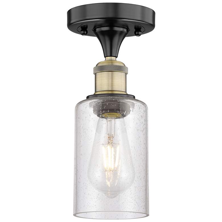 Image 1 Clymer 3.88"W Black Antique Brass Semi.Flush Mount With Seedy Glass Sh