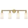 1_Clymer 30.88"W 4 Light Brushed Brass Bath Vanity Light With White Shad
