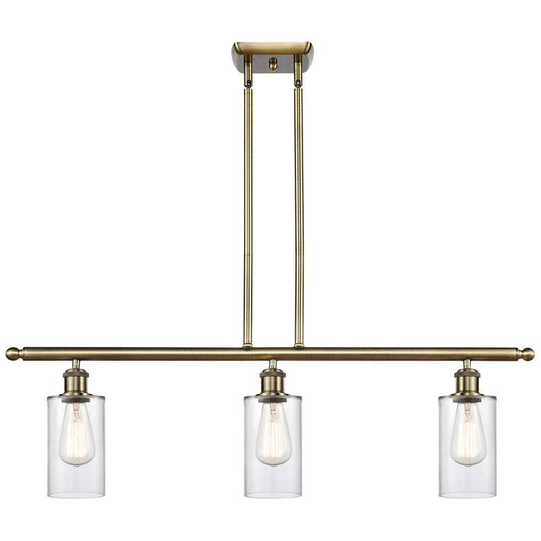 Image 1 Clymer 36" Wide 3 Light Antique Brass Stem Hung Island Light w/ Clear