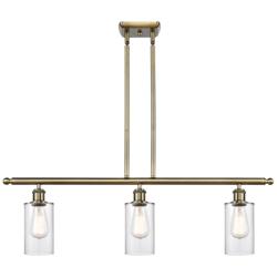 Clymer 36" Wide 3 Light Antique Brass Stem Hung Island Light w/ Clear