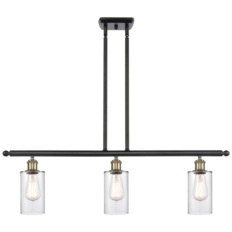 Image 1 Clymer 36" Wide 3 Light Black Brass Stem Hung Island Light w/ Clear Sh