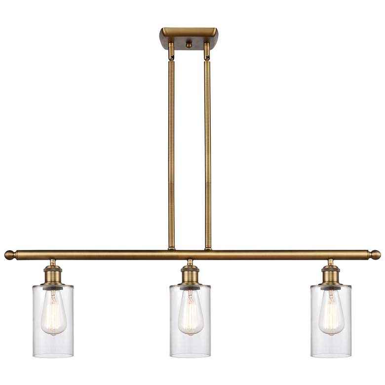 Image 1 Clymer 36" Wide 3 Light Brushed Brass Stem Hung Island Light w/ Clear