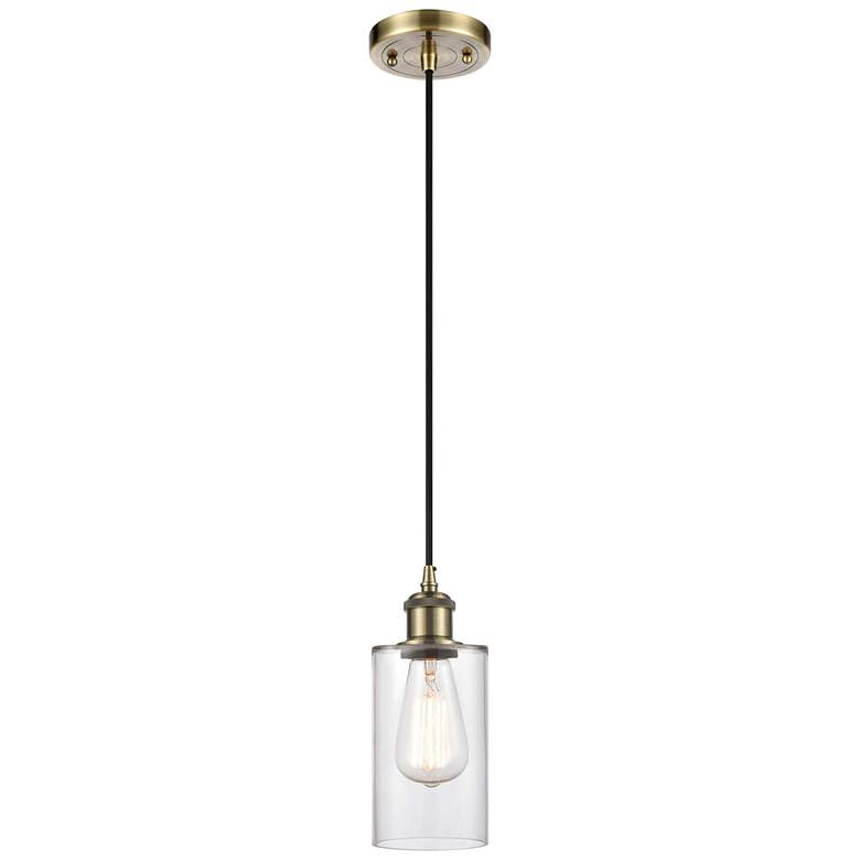 Image 1 Clymer 4" Antique Brass Cord Hung Mini Pendant w/ Clear Shade