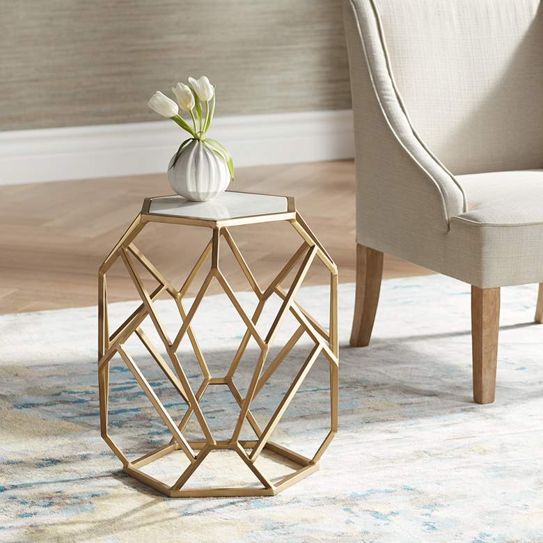 Image 2 Coast to Coast Geometric 20 1/2" Wide Gold Marble Hexagon Accent Table