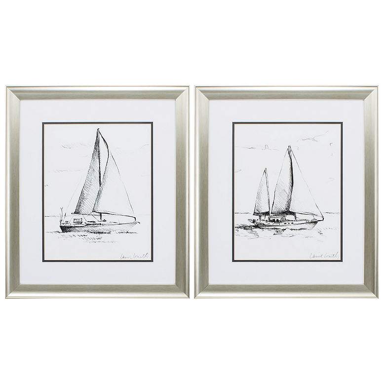 Image 1 Coastal Boat Sketch 19"W x 22"H Framed Art Set of 2