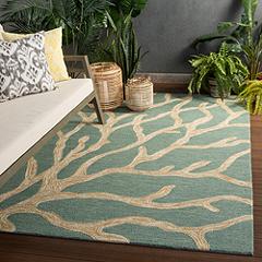 Image Coastal Lagoon Coral COL13 Teal Tan Indoor-Outdoor Area Rug