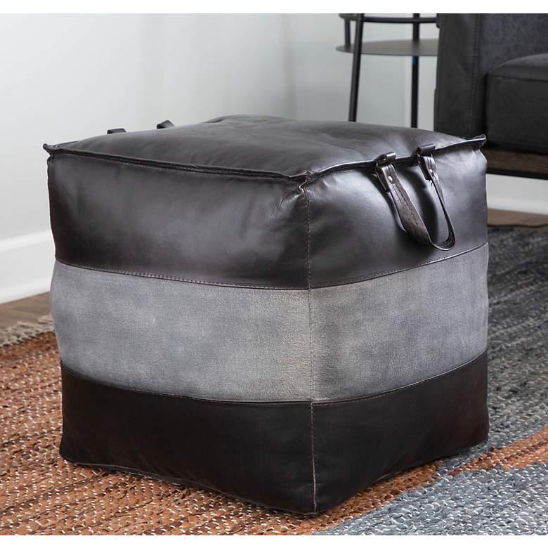Image 1 Cobbler Black Leather and Gray Canvas Pouf Ottoman