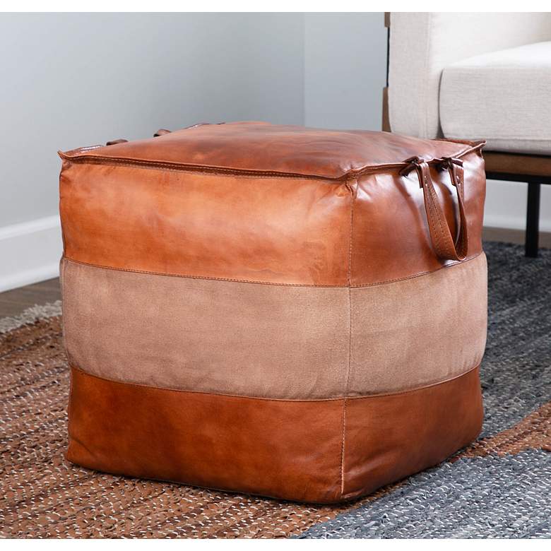 Image 1 Cobbler Brown Leather Tan Canvas Pouf Ottoman