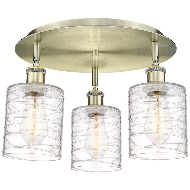 Image 1 Cobbleskill 17.75"W 3 Light Antique Brass Flush Mount w/ Deco Swirl Sh