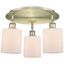 Cobbleskill 17.75"W 3 Light Antique Brass Flush Mount w/ White Shade Cobbleskill 17.75"W 3 Light Antique Brass Flush Mount w/ White Shade