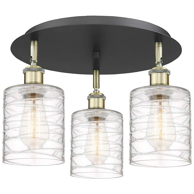 Image 1 Cobbleskill 17.75"W 3 Light Black Brass Flush Mount w/ Deco Swirl Shad