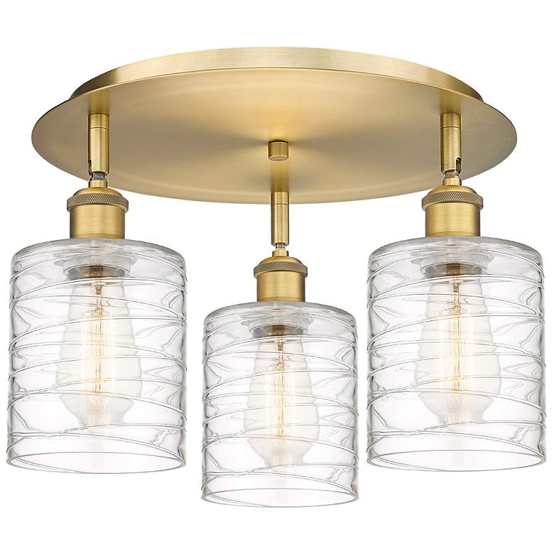 Image 1 Cobbleskill 17.75"W 3 Light Brushed Brass Flush Mount w/ Deco Swirl Sh