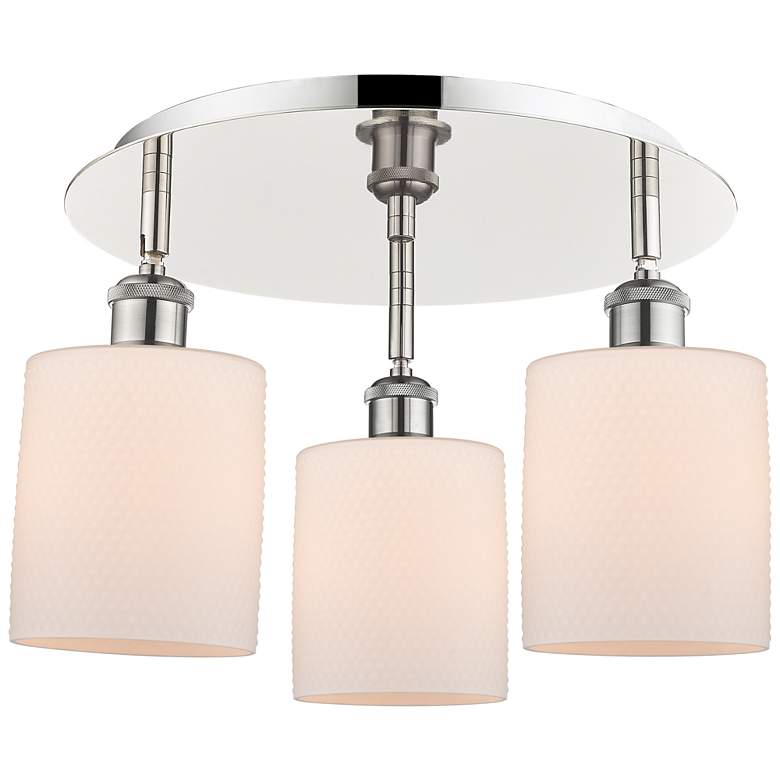 Image 1 Cobbleskill 17.75"W 3 Light Polished Nickel Flush Mount w/ White Shade