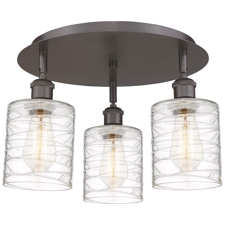 Image 1 Cobbleskill 17.75"W 3 Light Rubbed Bronze Flush Mount w/ Deco Swirl Sh