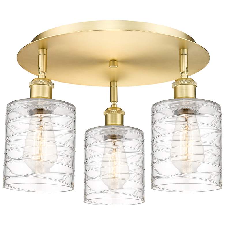 Image 1 Cobbleskill 17.75"W 3 Light Satin Gold Flush Mount w/ Deco Swirl Shade
