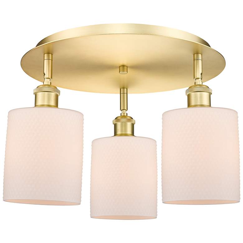 Image 1 Cobbleskill 17.75"W 3 Light Satin Gold Flush Mount w/ White Shade