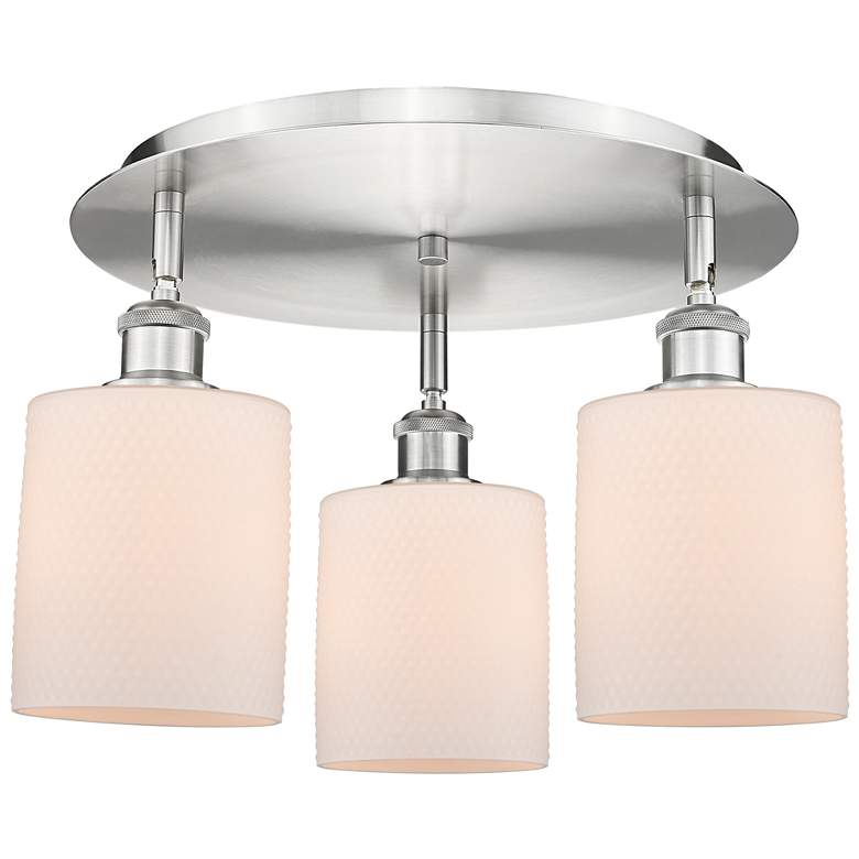 Image 1 Cobbleskill 17.75"W 3 Light Satin Nickel Flush Mount w/ White Shade