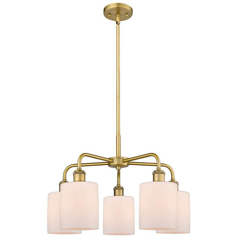 Image 1 Cobbleskill 23"W 5 Light Brushed Brass Stem Hung Chandelier w/ White S