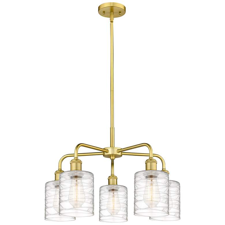 Image 1 Cobbleskill 23 inchW 5 Light Satin Gold Stem Chandelier w/ Deco Swirl Shad