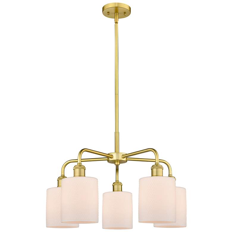 Image 1 Cobbleskill 23"W 5 Light Satin Gold Stem Hung Chandelier With White Sh
