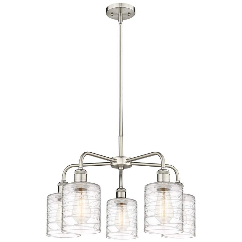 Image 1 Cobbleskill 23"W 5 Light Satin Nickel Stem Chandelier w/ Deco Swirl Sh