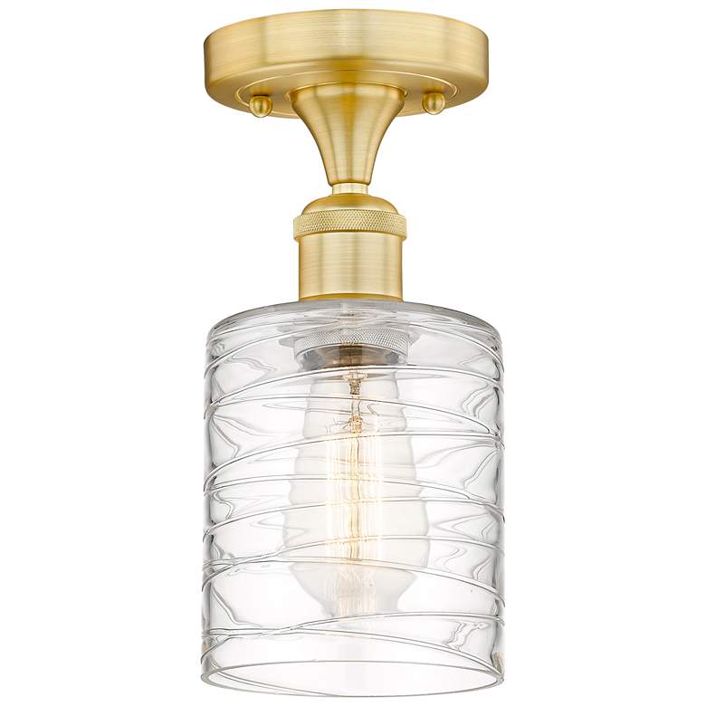 Image 1 Cobbleskill 5" Wide Satin Gold Semi.Flush Mount With Deco Swirl Glass