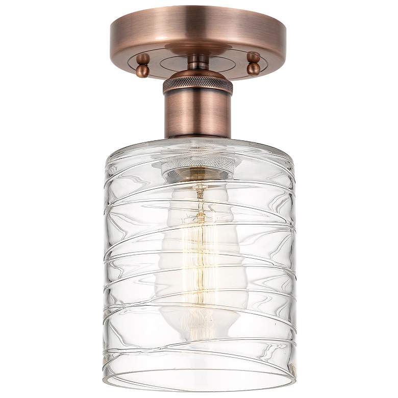Image 1 Cobbleskill 5"W Antique Copper Semi.Flush Mount With Deco Swirl Glass