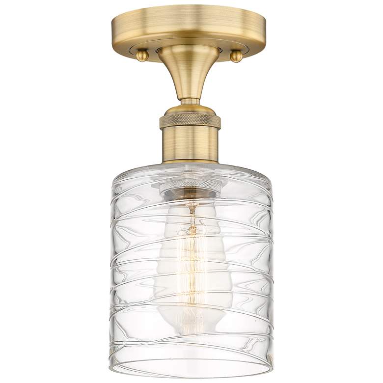 Image 1 Cobbleskill 5"W Brushed Brass Semi.Flush Mount With Deco Swirl Glass S