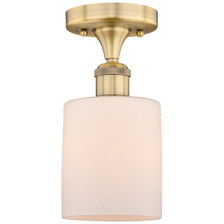 Image 1 Cobbleskill 5"W Brushed Brass Semi.Flush Mount With Matte White Glass