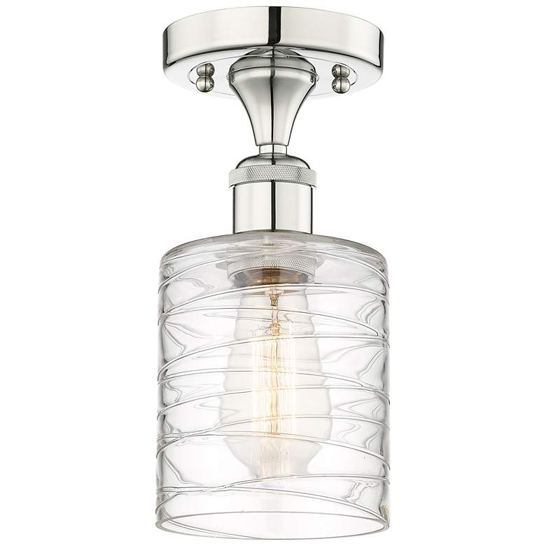 Image 1 Cobbleskill 5"W Polished Nickel Semi.Flush Mount w/ Deco Swirl Glass S