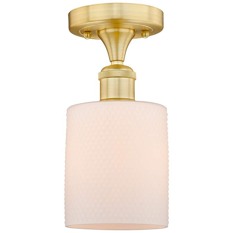Image 1 Cobbleskill 5"W Satin Gold Semi.Flush Mount With Matte White Glass Sha