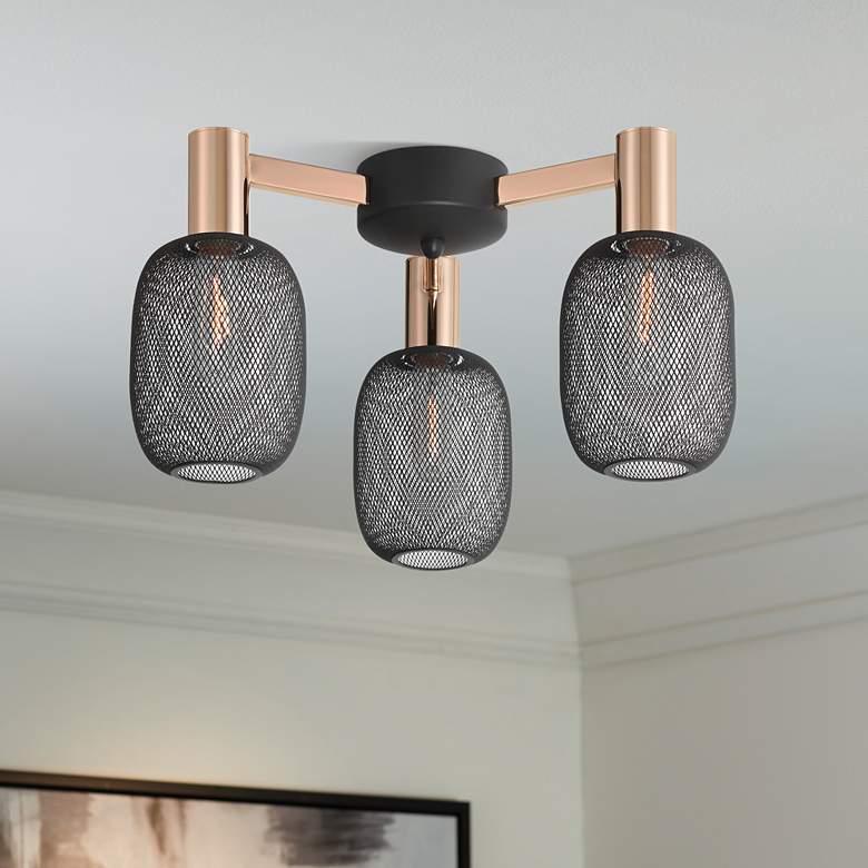 Image 1 Coburn 16 3/4" Wide Rose Gold Black Mesh 3-Light Ceiling Light