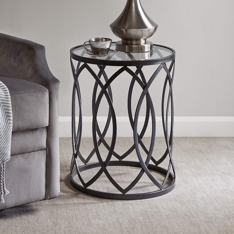 Image 1 Coen 16 1/4" Wide Black Geometric Eyelet Round Accent Table
