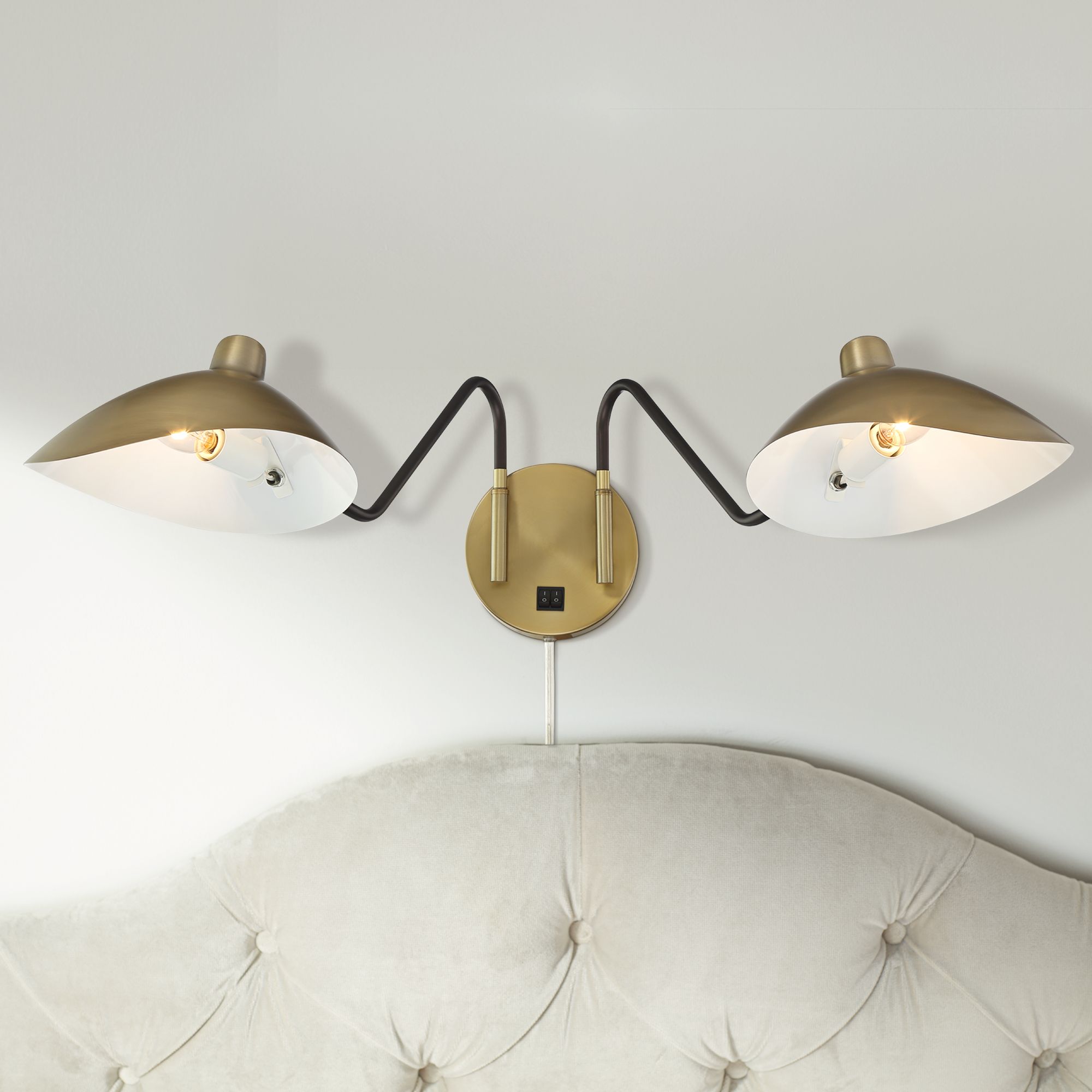 Colborne Brass and Black Adjustable Twin Swing Arm PlugIn Wall Lamp