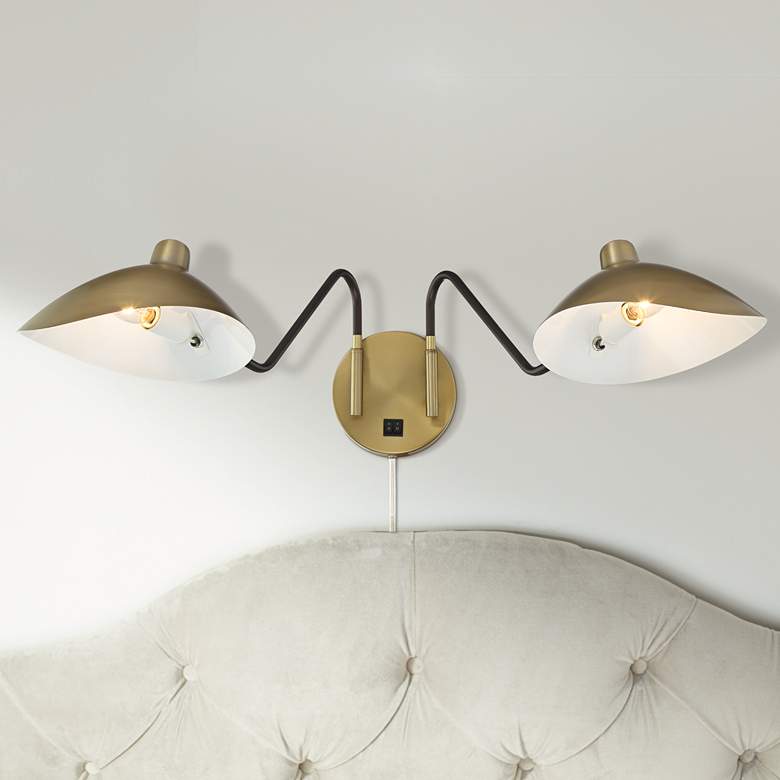 Image 1 Colborne Brass and Black Adjustable Twin Swing Arm Plug-In Wall Lamp