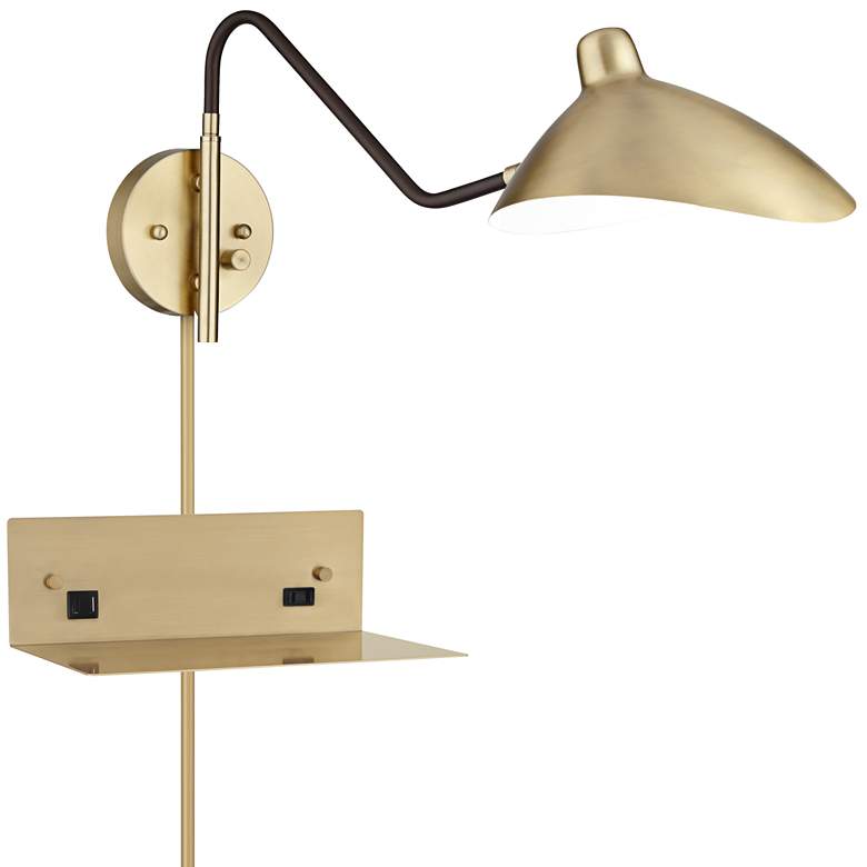 Image 1 Colborne Brass and Black Swing Arm Plug-In Wall Lamp with USB-Outlet Shelf