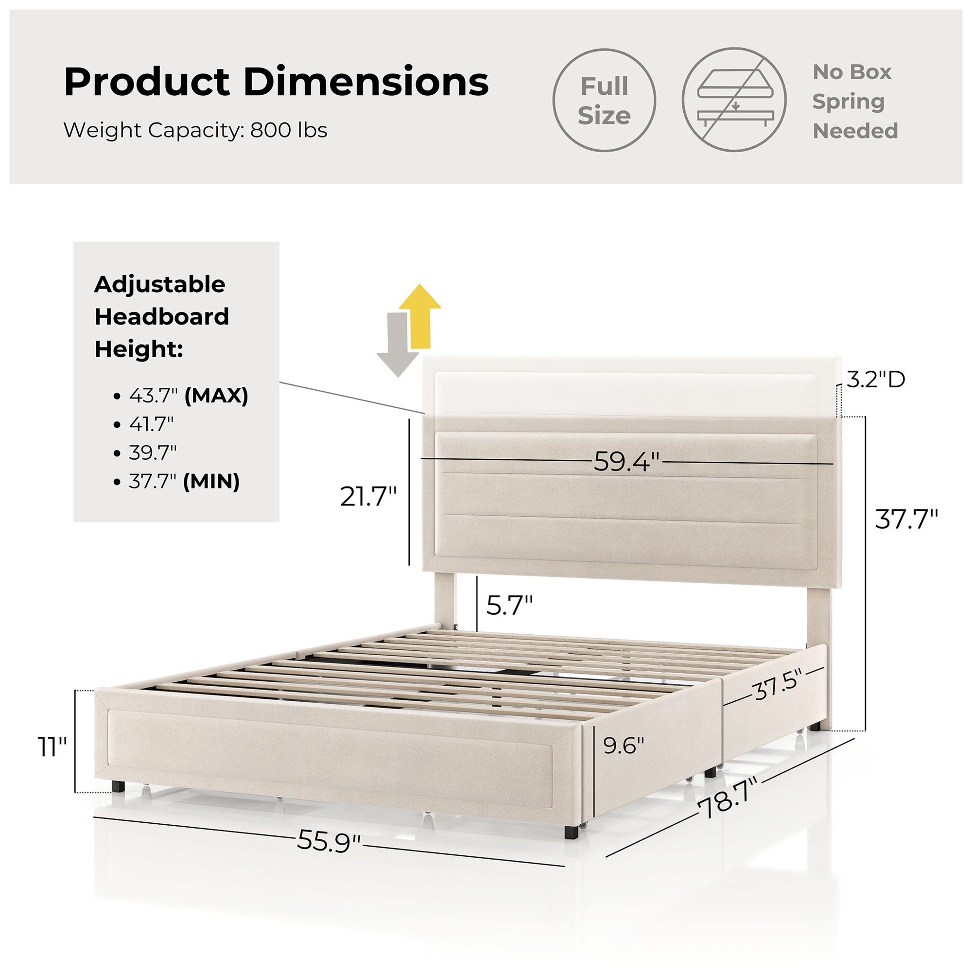 Cole Ivory Upholstered Full Platform Bed With 4 Side Drawers