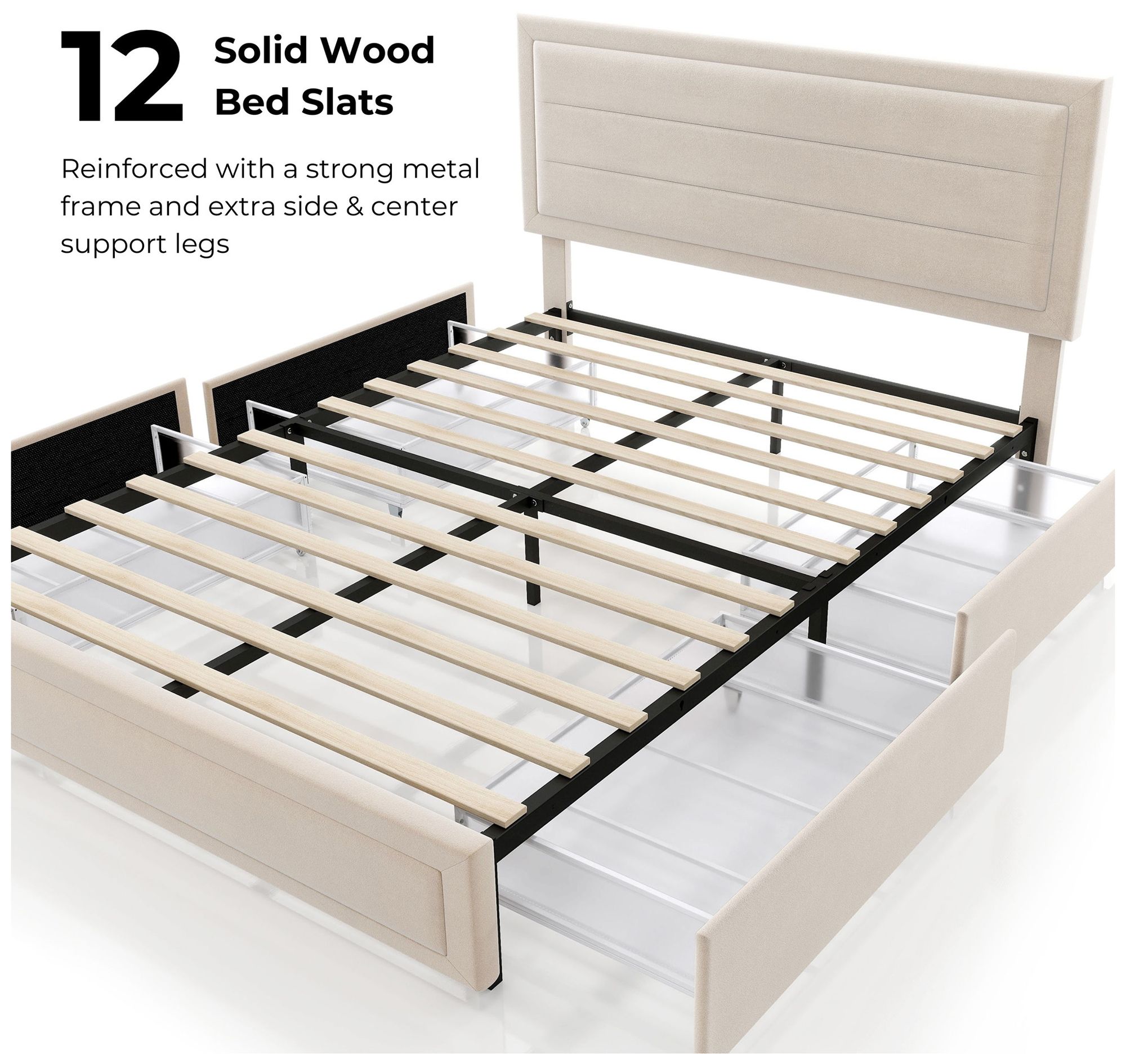 Cole Ivory Upholstered Full Platform Bed With 4 Side Drawers