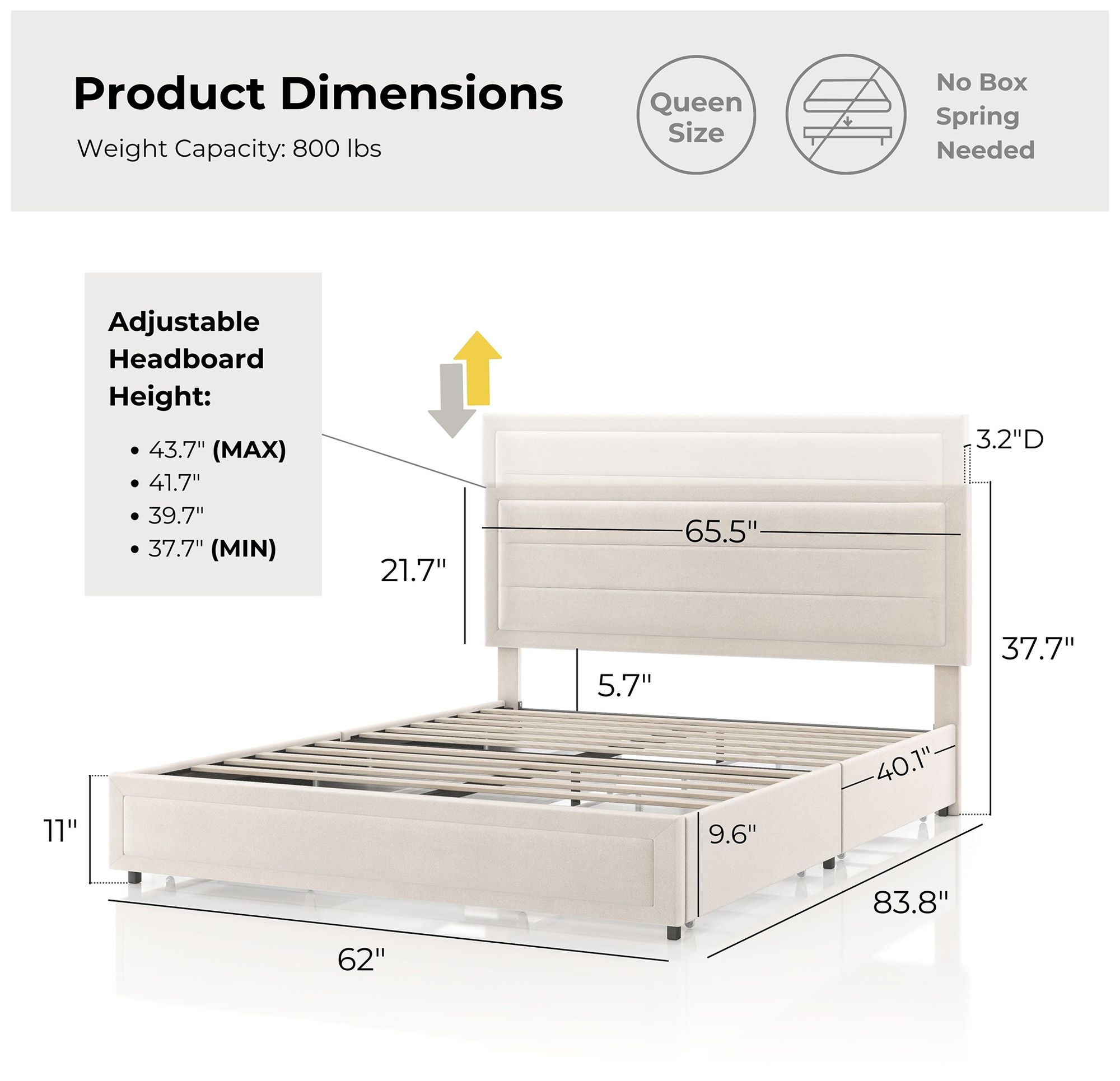 Cole Ivory Upholstered Queen Platform Bed With 4 Side Drawers