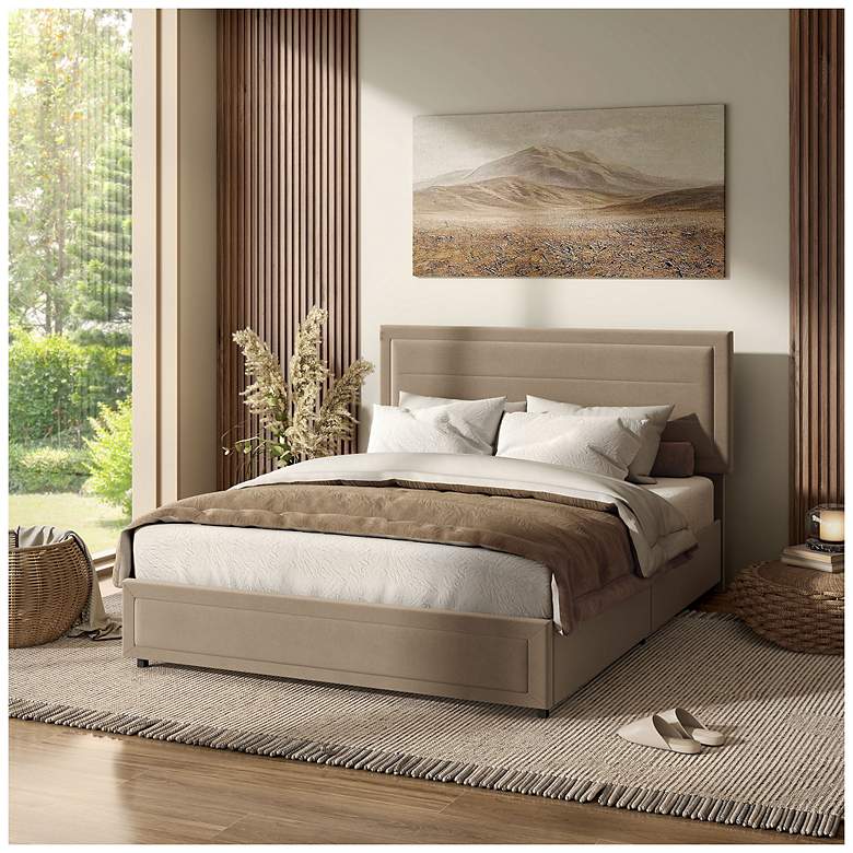 Image 2 Cole Light Brown Upholstered Full Platform Bed With 4 Side Drawers more views