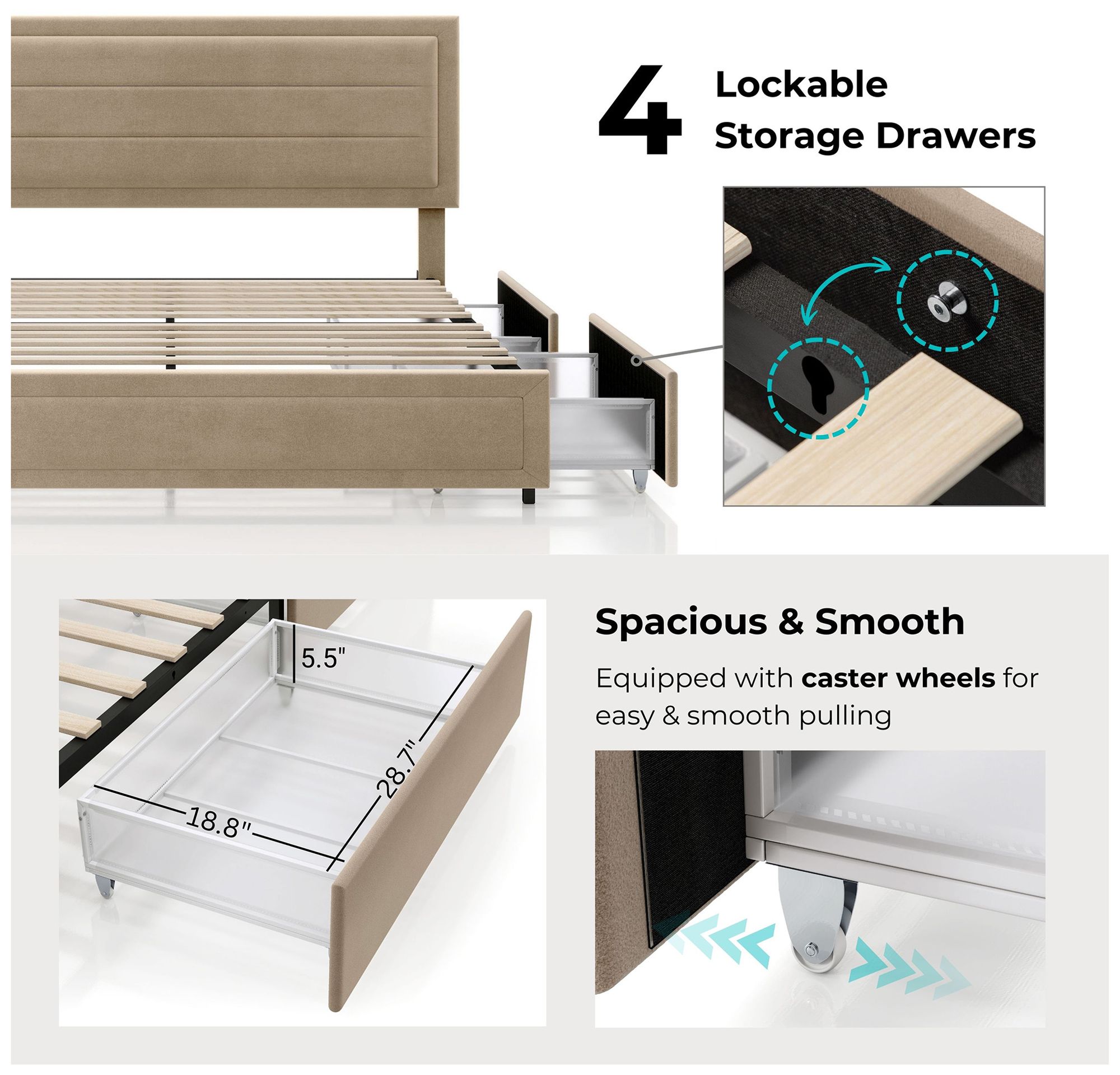 Cole Light Brown Upholstered Queen Platform Bed With 4 Side Drawers