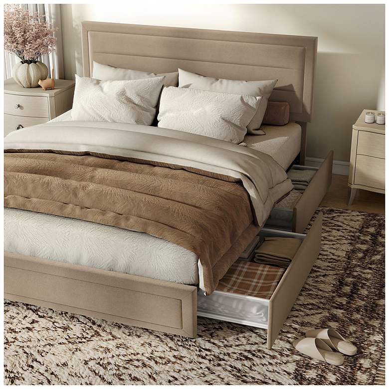 Image 7 Cole Light Brown Upholstered Queen Platform Bed With 4 Side Drawers more views