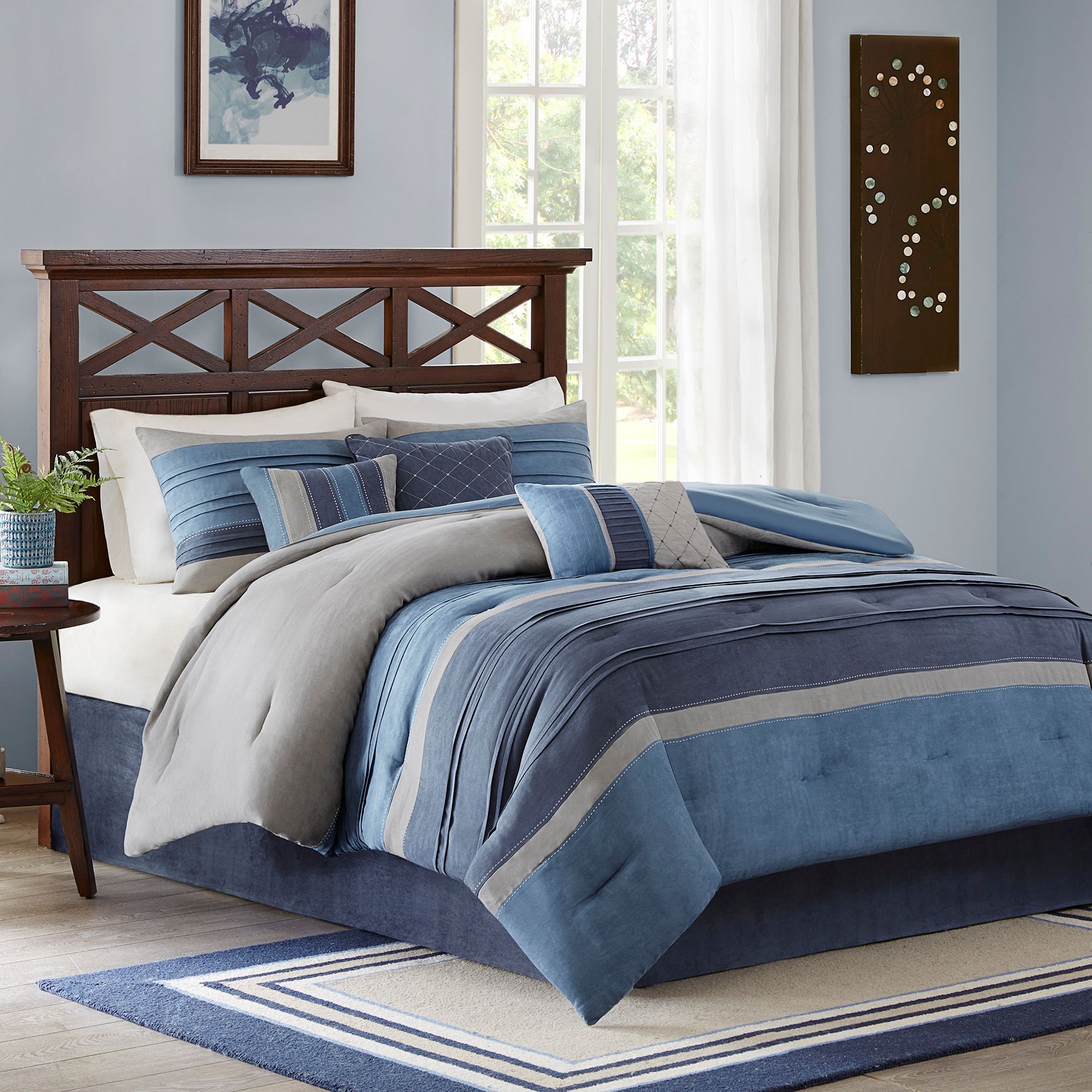 Thumbnail2 of Collins Navy Striped Microsuede 7-Piece Cal King Comforter Set