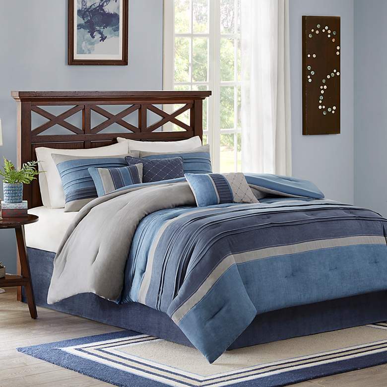 Image 2 Collins Navy Striped Microsuede 7-Piece Queen Comforter Set